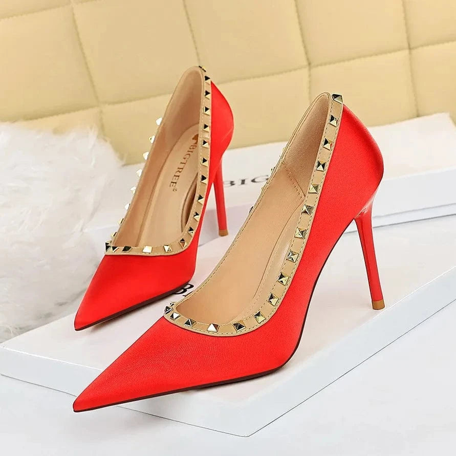 Luxury Women Green 9.5cm High Heels Rivets Pumps Stiletto Silk Heels Female Escarpins Plus Size Wedding Bridal Prom Shoes