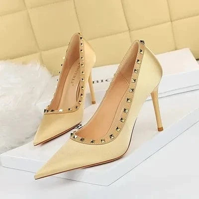 Luxury Women Green 9.5cm High Heels Rivets Pumps Stiletto Silk Heels Female Escarpins Plus Size Wedding Bridal Prom Shoes