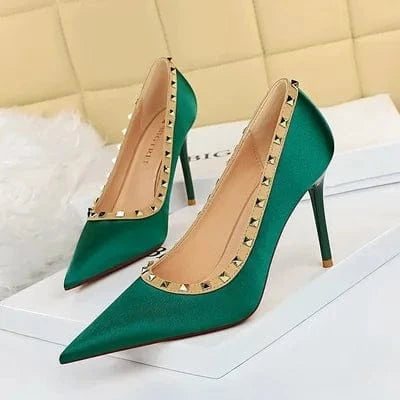 Luxury Women Green 9.5cm High Heels Rivets Pumps Stiletto Silk Heels Female Escarpins Plus Size Wedding Bridal Prom Shoes
