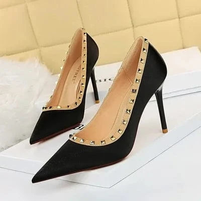 Luxury Women Green 9.5cm High Heels Rivets Pumps Stiletto Silk Heels Female Escarpins Plus Size Wedding Bridal Prom Shoes