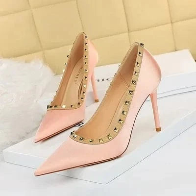 Luxury Women Green 9.5cm High Heels Rivets Pumps Stiletto Silk Heels Female Escarpins Plus Size Wedding Bridal Prom Shoes