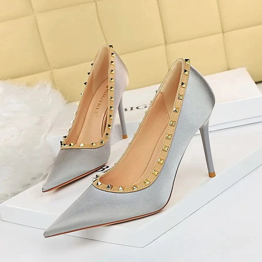 Luxury Women Green 9.5cm High Heels Rivets Pumps Stiletto Silk Heels Female Escarpins Plus Size Wedding Bridal Prom Shoes
