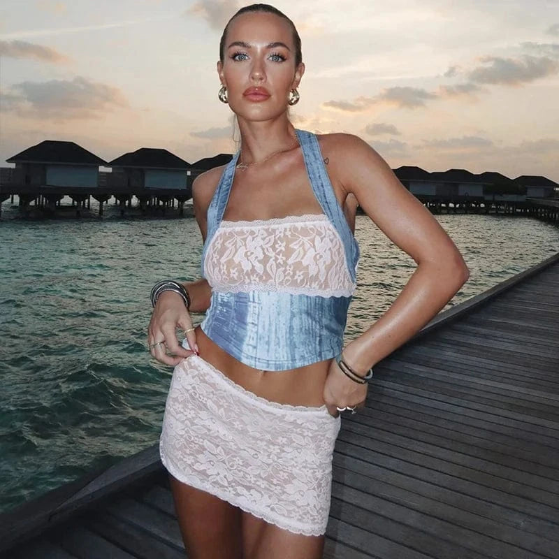 Lygens 5605 Halter Lace Slim See Through Highwaist Crop Top Mini Skirt Women'S Sets Elegant Evening Party Casual Cummer Clothes