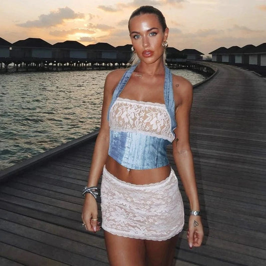 Lygens 5605 Halter Lace Slim See Through Highwaist Crop Top Mini Skirt Women'S Sets Elegant Evening Party Casual Cummer Clothes