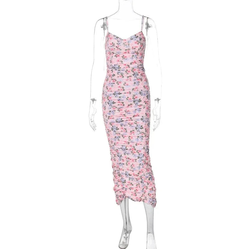 Lygens 5680 Floral Print Sleeveless Summer Elegant Slit Long Dress Casual Evening Beachwear Y2K Ruched Women'C Clothing