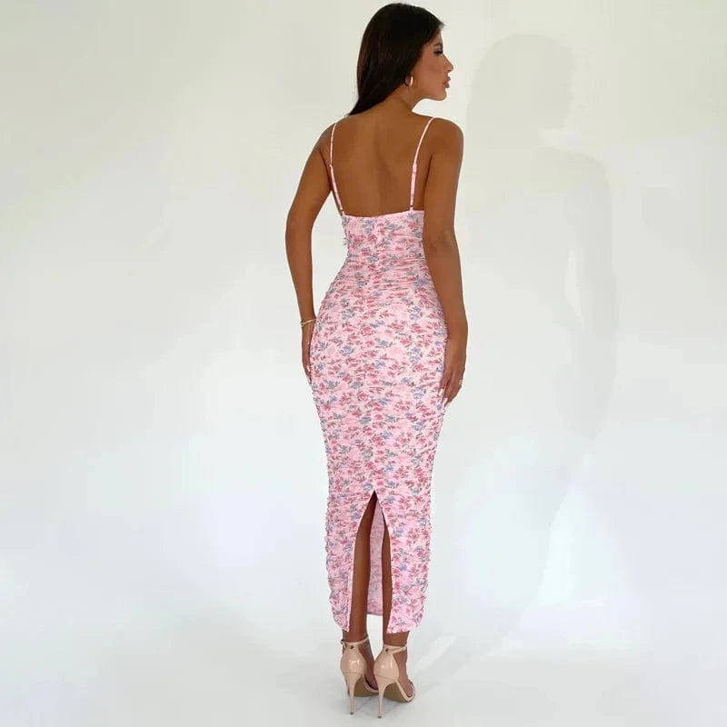 Lygens 5680 Floral Print Sleeveless Summer Elegant Slit Long Dress Casual Evening Beachwear Y2K Ruched Women'C Clothing