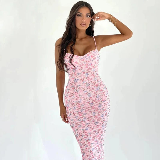 Lygens 5680 Floral Print Sleeveless Summer Elegant Slit Long Dress Casual Evening Beachwear Y2K Ruched Women'C Clothing