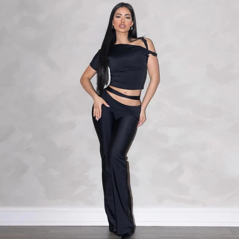 Lygens 5691 Solid Short Sleeve Hollow Out Crop Top Long Pants 2024 Women'S Sets Summer Sportsiuts Y2K Streetwear Casual Clothing