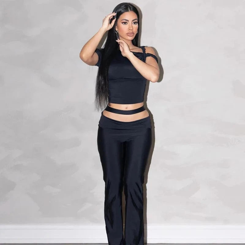 Lygens 5691 Solid Short Sleeve Hollow Out Crop Top Long Pants 2024 Women'S Sets Summer Sportsiuts Y2K Streetwear Casual Clothing