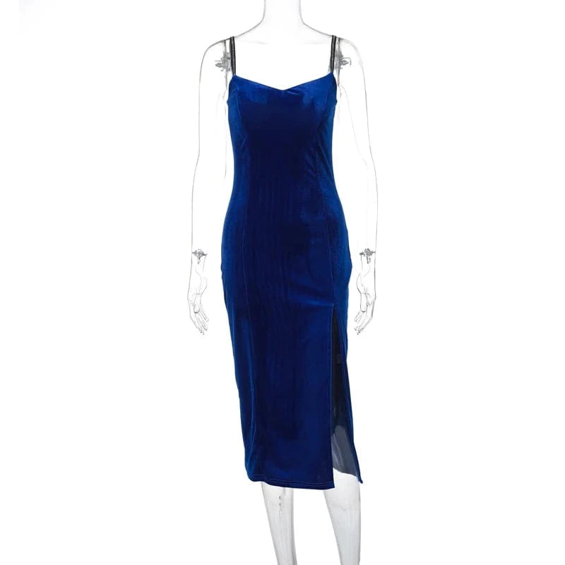 Lygens Velvet Rhinestone Split Slit Midi Long Dress Elegant Evening Party Sropshipping Summer Y2K Streetwear Casual Clothing
