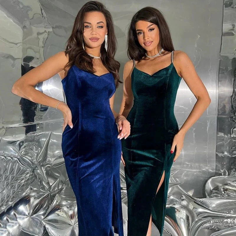 Lygens Velvet Rhinestone Split Slit Midi Long Dress Elegant Evening Party Sropshipping Summer Y2K Streetwear Casual Clothing