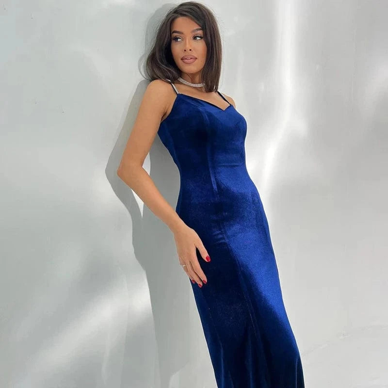 Lygens Velvet Rhinestone Split Slit Midi Long Dress Elegant Evening Party Sropshipping Summer Y2K Streetwear Casual Clothing