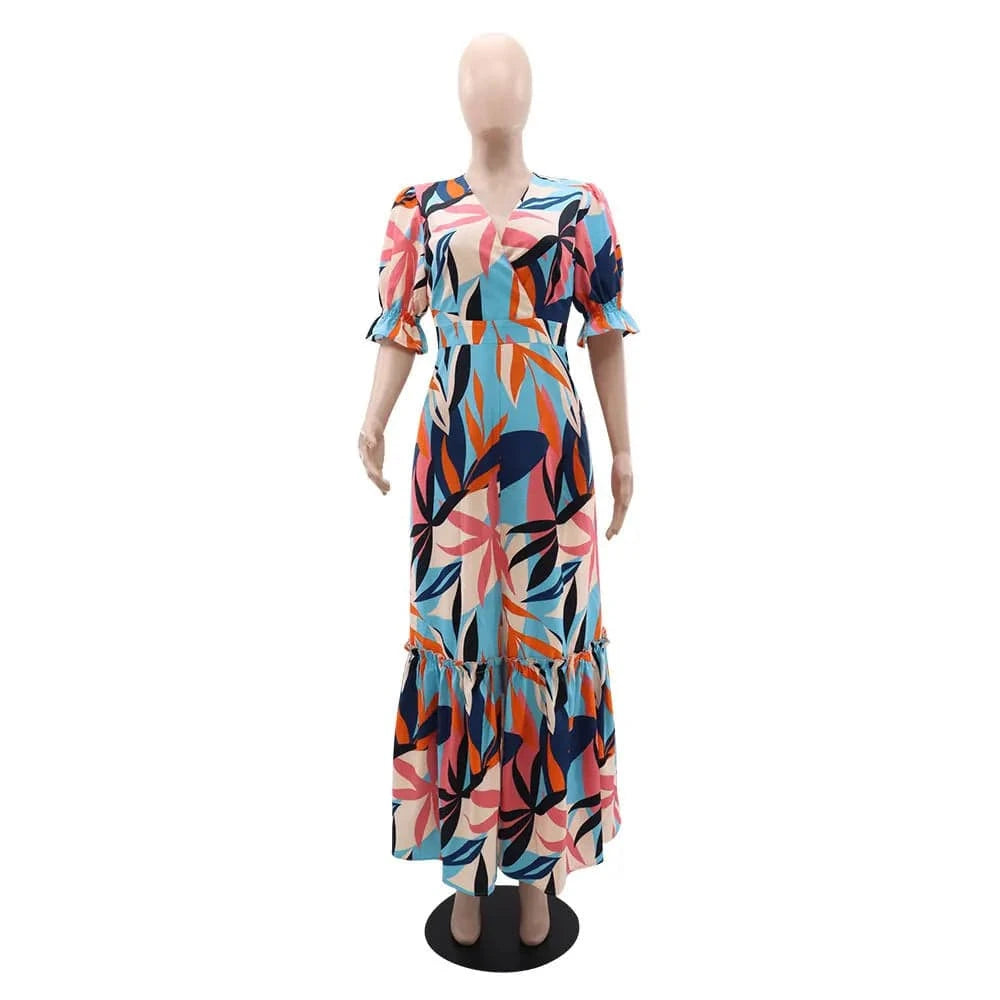 M / 01 10387 Floral Maxi V-neck Dress For Women Sexy Short Sleeve A-line Holiday Beach Split Dress 2024 Summer Female Sundress