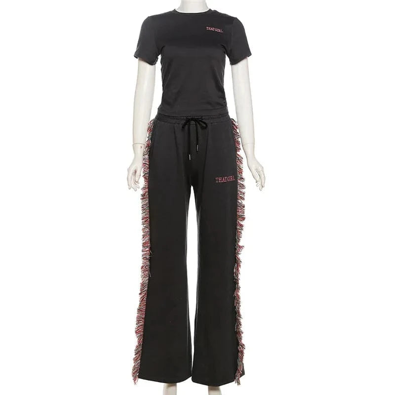 M / 01 K23S40781 2024 Hot Sales Tassel Design Loose Straight Plus Size Women's Sweater Pants