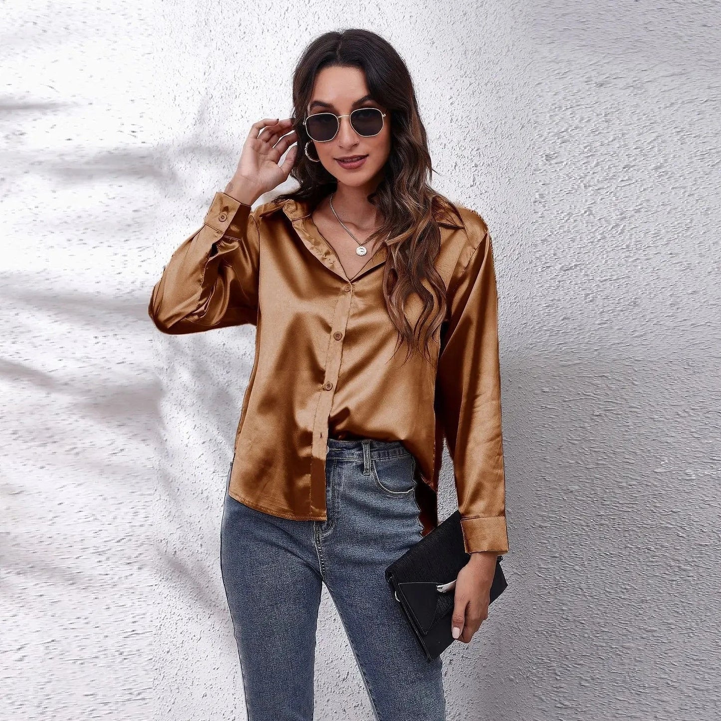 M / 08 / Silk 0212YT Women White Simulated Silk Shirt Tops Lady Long Sleeve Office Ladies Satin Blouse Blusas Women's Blouses & Shirts
