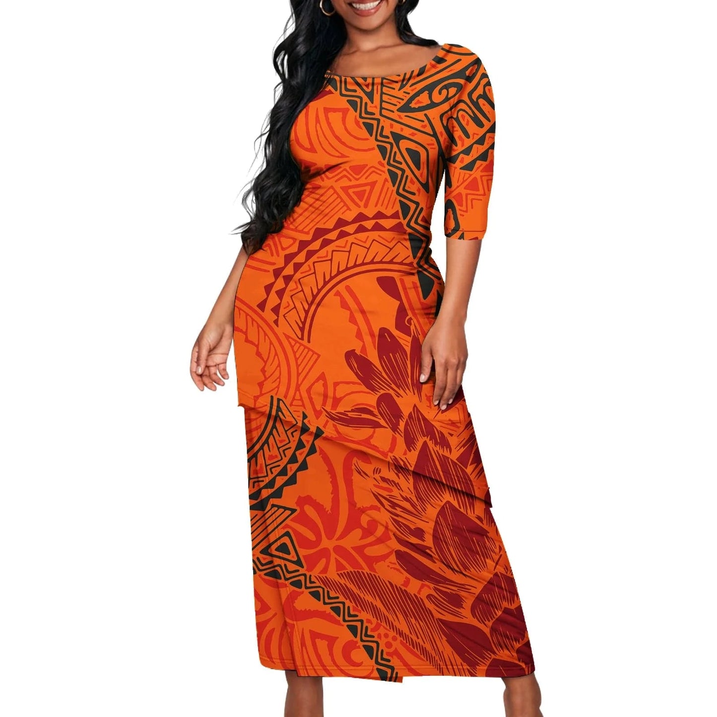 M / 0955L-2983 Polynesian Tribal Samoan Print Custom Ladies Elegant Women's Dress Asia & Pacific Islands Clothing Samoa Puletasi Sets