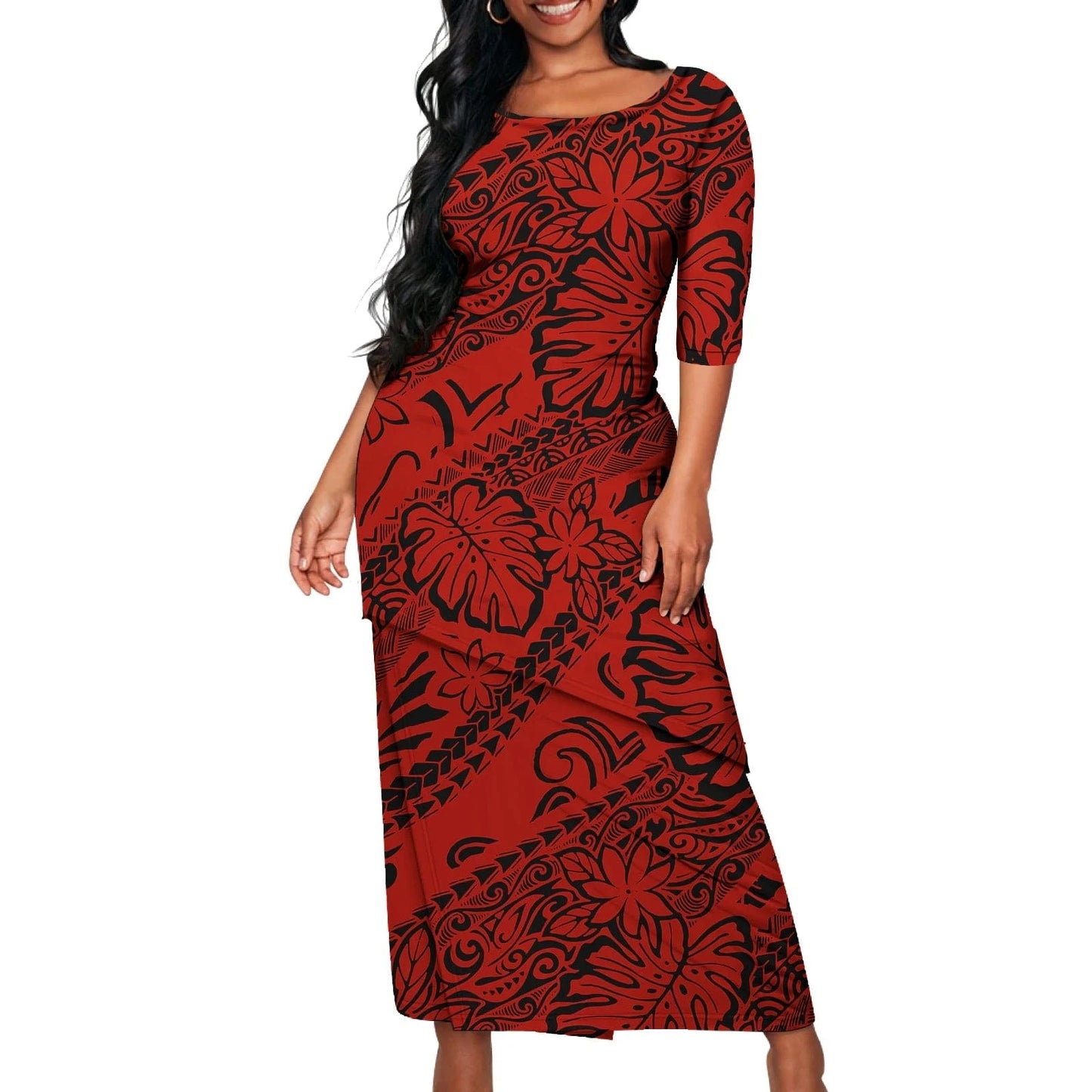 M / 0962L-2983 Polynesian Tribal Samoan Print Custom Ladies Elegant Women's Dress Asia & Pacific Islands Clothing Samoa Puletasi Sets