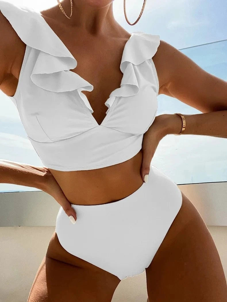 M / #1 Bikini 2024 Wholesale New Sexy Multi-color Lace V-neck Ruffled High Waist Split Swimsuit Bikini Set Women