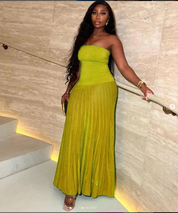 M / 1 ZHEZHE Summer 2024 Tube Top Strapless Pleated Long Skirt Dress Solid Shinny Casual Maxi Dresses