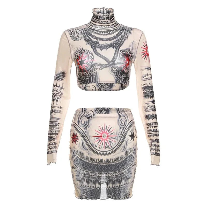 M / 23ST1212 nude CUTENOVA 23ST1212 Fashion 2024  Sexy Mesh Long Sleeve Crop Top And Mini Skirt Two Piece Skirt Set Women's Sets