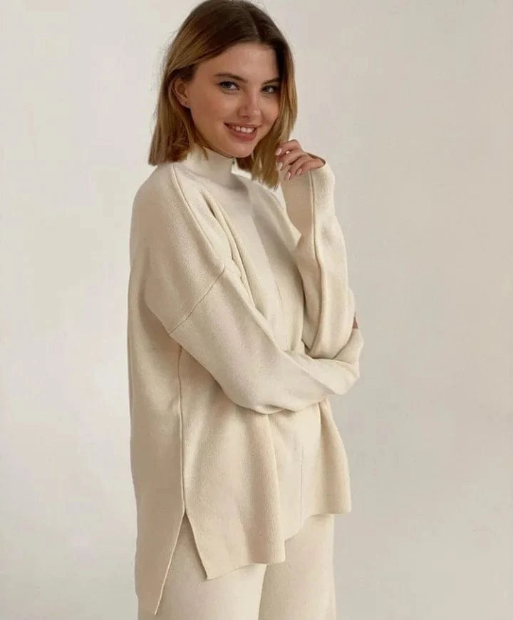 M / 3 2024 Autumn Wholesale Fashion Loose Solid Color Split Top Warm Thick Knit Pullover Long Pants Suit Women's 2 Piece Sweater