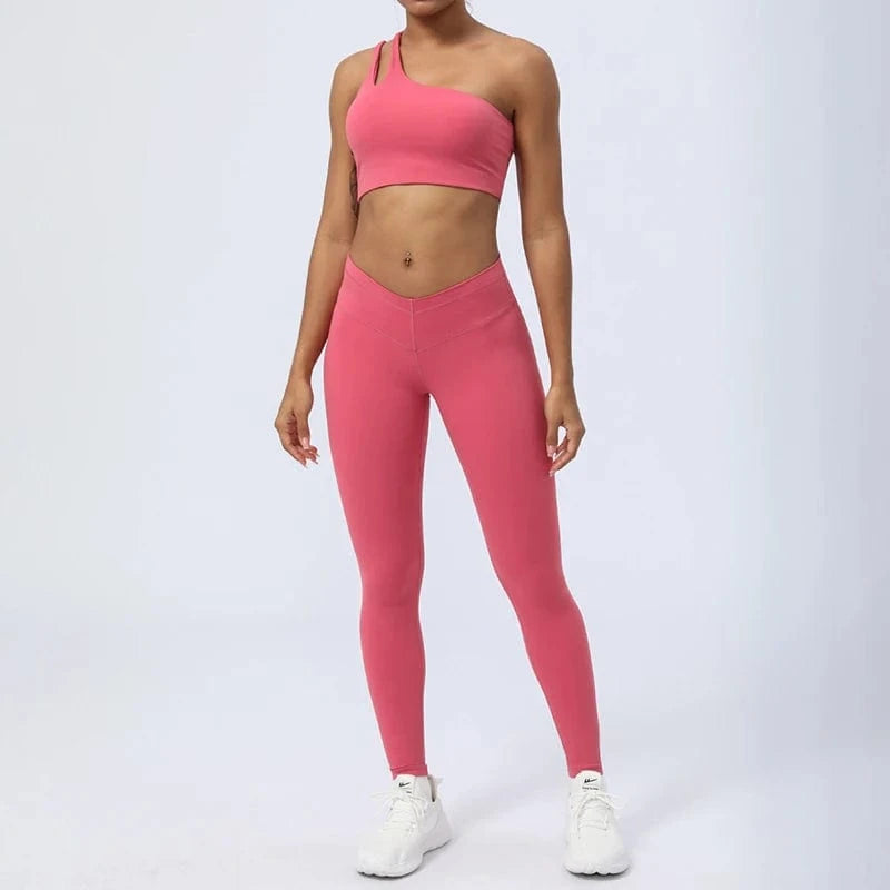 M / 3 2024 New Women Gym Yoga Set Sexy Breathable Single One Shoulder Yoga Bra And Elastic High Waist V Cut Leggings Gym Fitness Sets