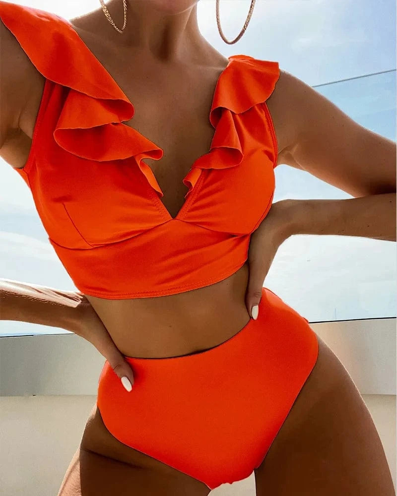 M / #3 Bikini 2024 Wholesale New Sexy Multi-color Lace V-neck Ruffled High Waist Split Swimsuit Bikini Set Women