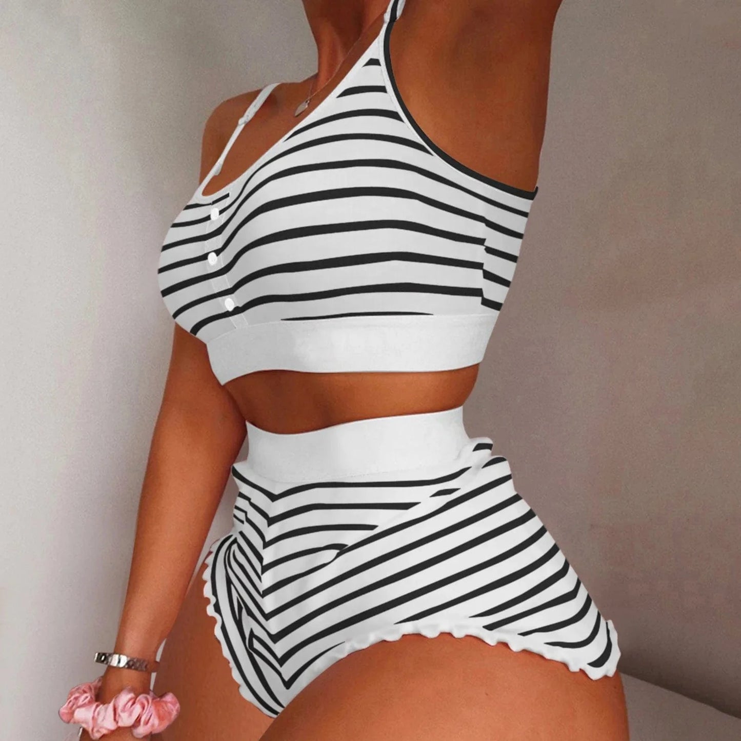 M / 3 Hot Stripe Print Pajamas Women Sleeveless Cami Short Lingerie Sleepwear Set Fashion Sexy Home Ladies Underwear Pajamas Set