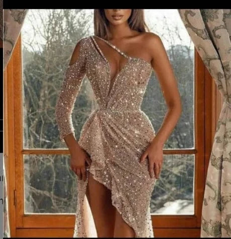 M / #3 Sexy One Shoulder Mesh Hollow Out Bodycon Long-sleeved Women Sequins Evening Dress For Party