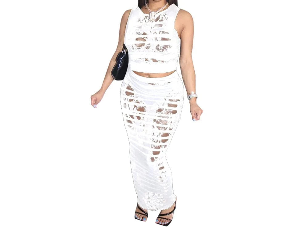 M / 3 ZHEZHE Fashion 2024 New Chic Women'S Sexy Perspective Sleeveless Lace Cut Out Crop Top And Spliced Skirt Two Piece Set