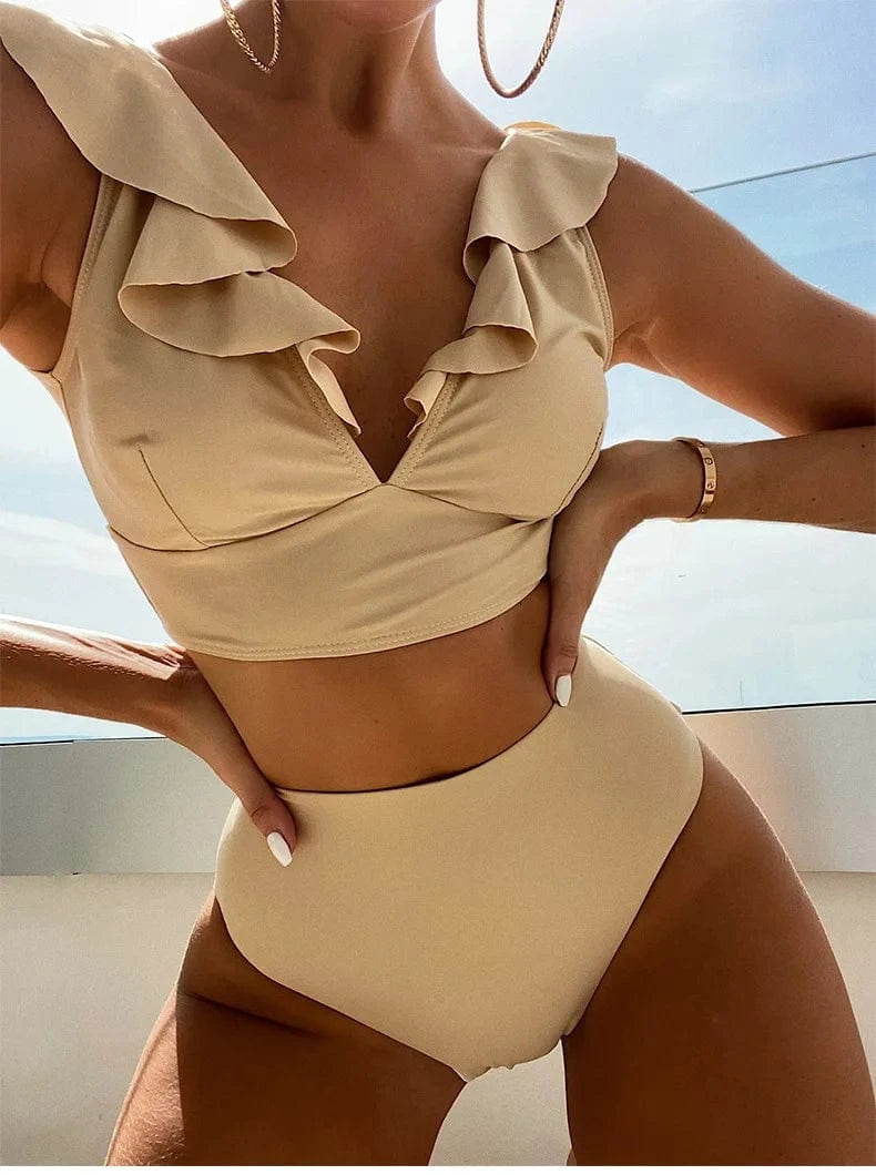 M / #4 Bikini 2024 Wholesale New Sexy Multi-color Lace V-neck Ruffled High Waist Split Swimsuit Bikini Set Women