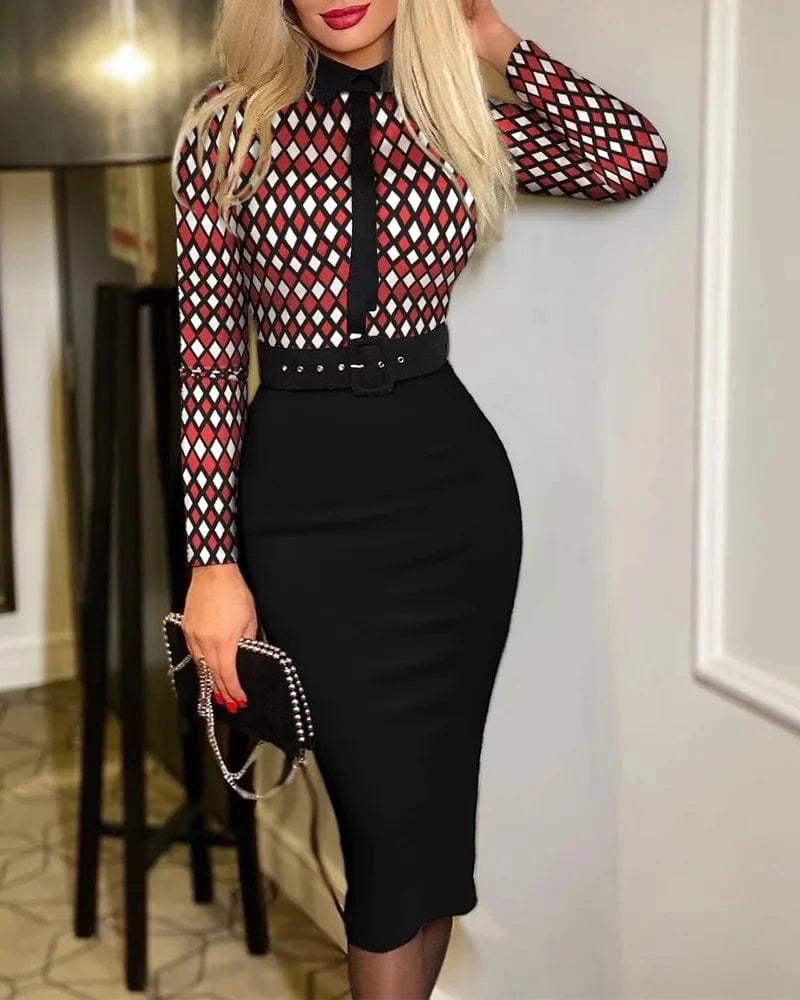 M / 6 2024 Women Sexy Long Sleeve Dress Fall Winter Vintage Print Slim Office Midi Dresses Women's Party Dress