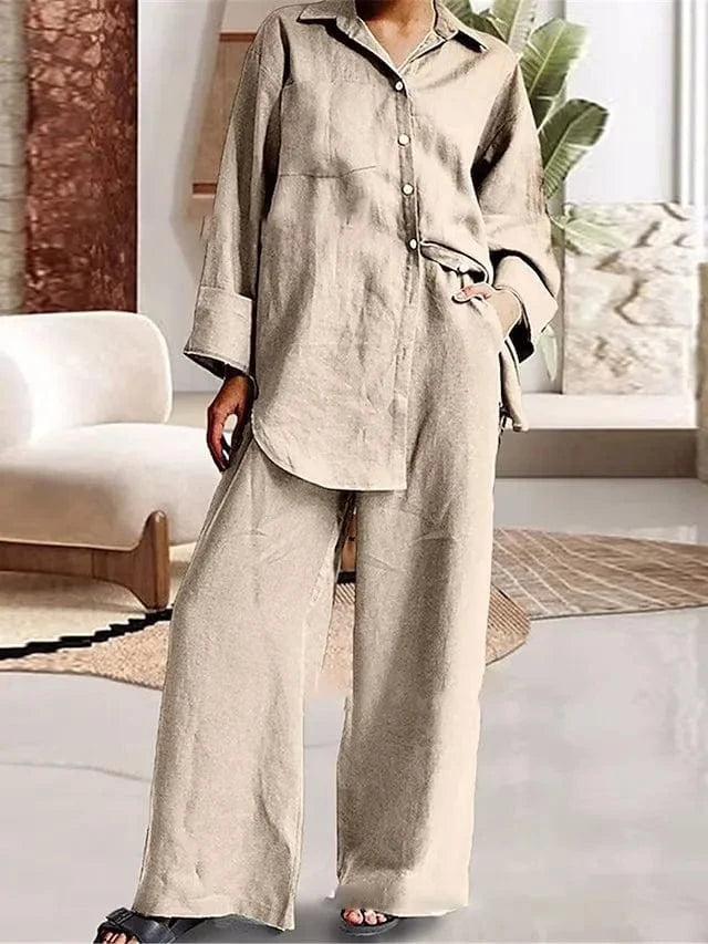 M / Apricot DAMOCHIC New Arrivals Two Piece Set Women Clothing Fall 2023 Loose Casual Shirt Ladies Wide Leg Pants 2 Piece Women Set Plus