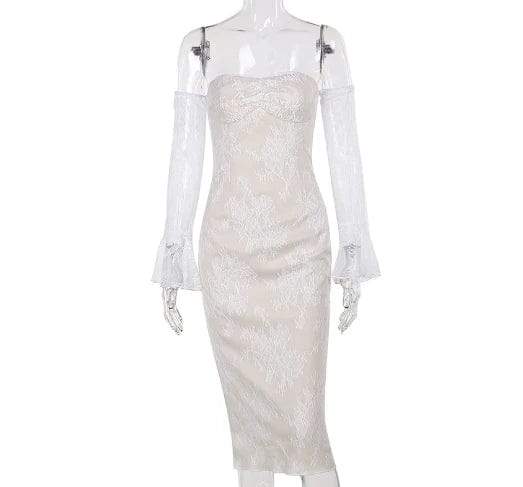 M / Apricot Liu Ming New Arrivals 2024 Spring Sexy Women Long Sleeve Off Shoulder Lace Party Evening Bodycon Dress