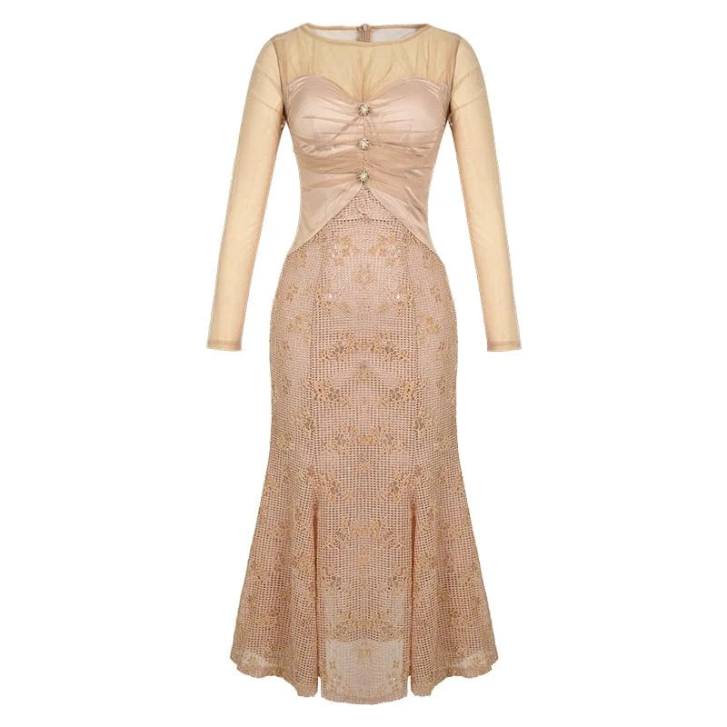 M / Apricot ZYHT 10904 Ladies Dress Sexy Street Tunic Elegant Mature Women Transparent Crochet Maxi Long Dress