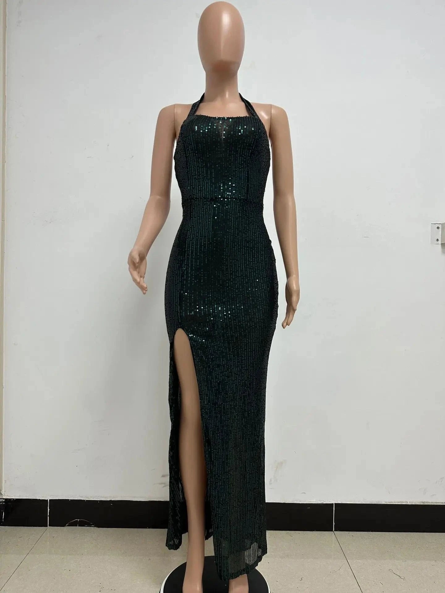M / Army Green Glitter halter sleeveless backless split sliver gold black sexy prom lady maxi elegant party sequined evening dresses for women