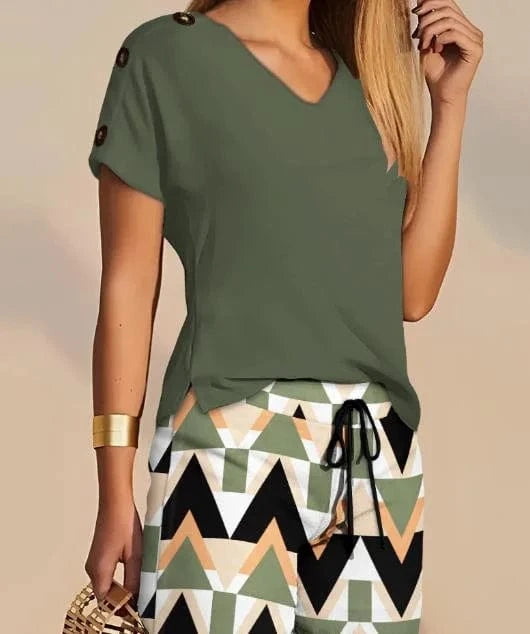 M / Army Green Summer Women's Suit Two Piece Set Fashion Buttoned V-Neck T-shirt & Casual Drawstring Shorts Set Female Clothing Outfits New