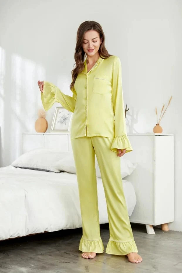 M / Avocado Womens Pajamas With Ruffles 2024 Summer High Quality Silk Avocado Pajamas With Headband 2 Piece Set Women Pajamas