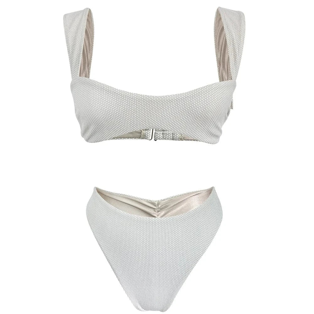 M / Beige 2024 new Wide shoulder straps Bikini Solid Color Swim Swimsuit Beachwear High Waist Swimwear
