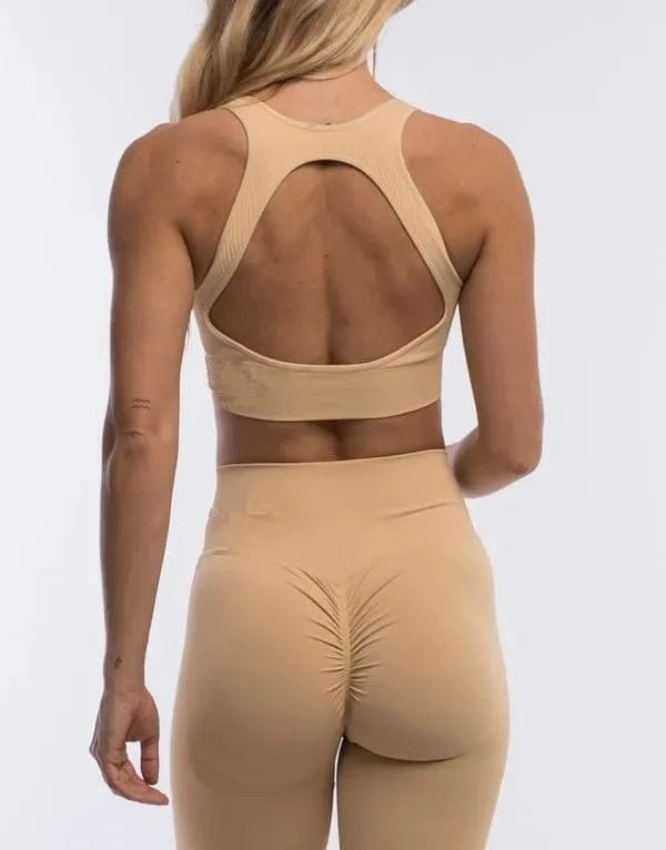 M / Beige 2024 New Workout Scrunch Butt Leggings Open back Sports Bra High Waist Yoga Pants Seamless Yoga Sets For Women