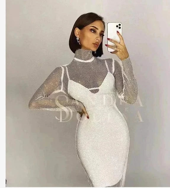 M / Beige Top Quality Long Sleeve Hand Beading Celebrity Evening Party Bodycon Party Dress