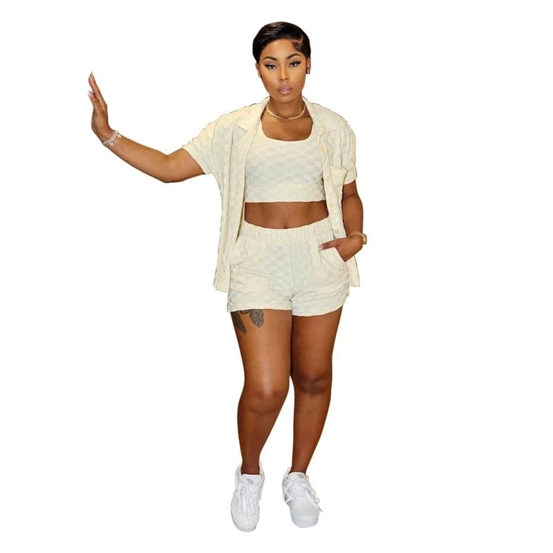 M / Beige women's clothing outfit summer 2024 ladies knitted casual plaid above knee 3 piece shorts lounge set for women 2024 above knee