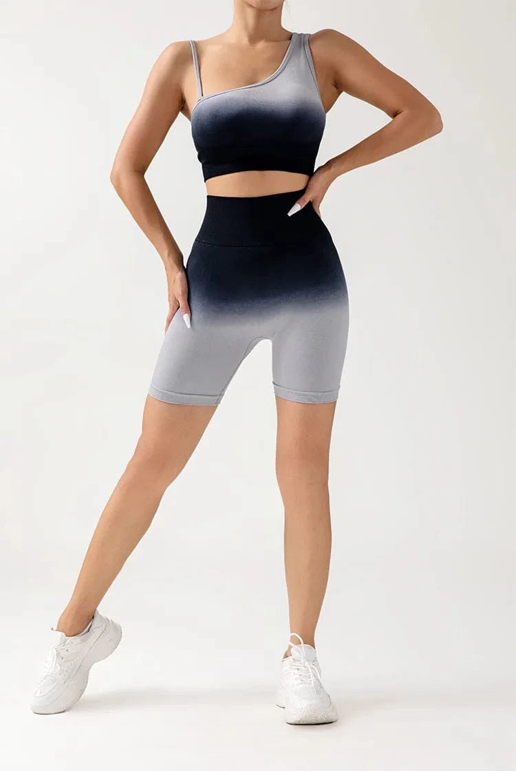 M / Black 2024 2 Pcs Seamless Gradient Yoga Suit Workout Sports Bra + High Waist Shorts Gym Sport Set Fashion Shorts Sets Female