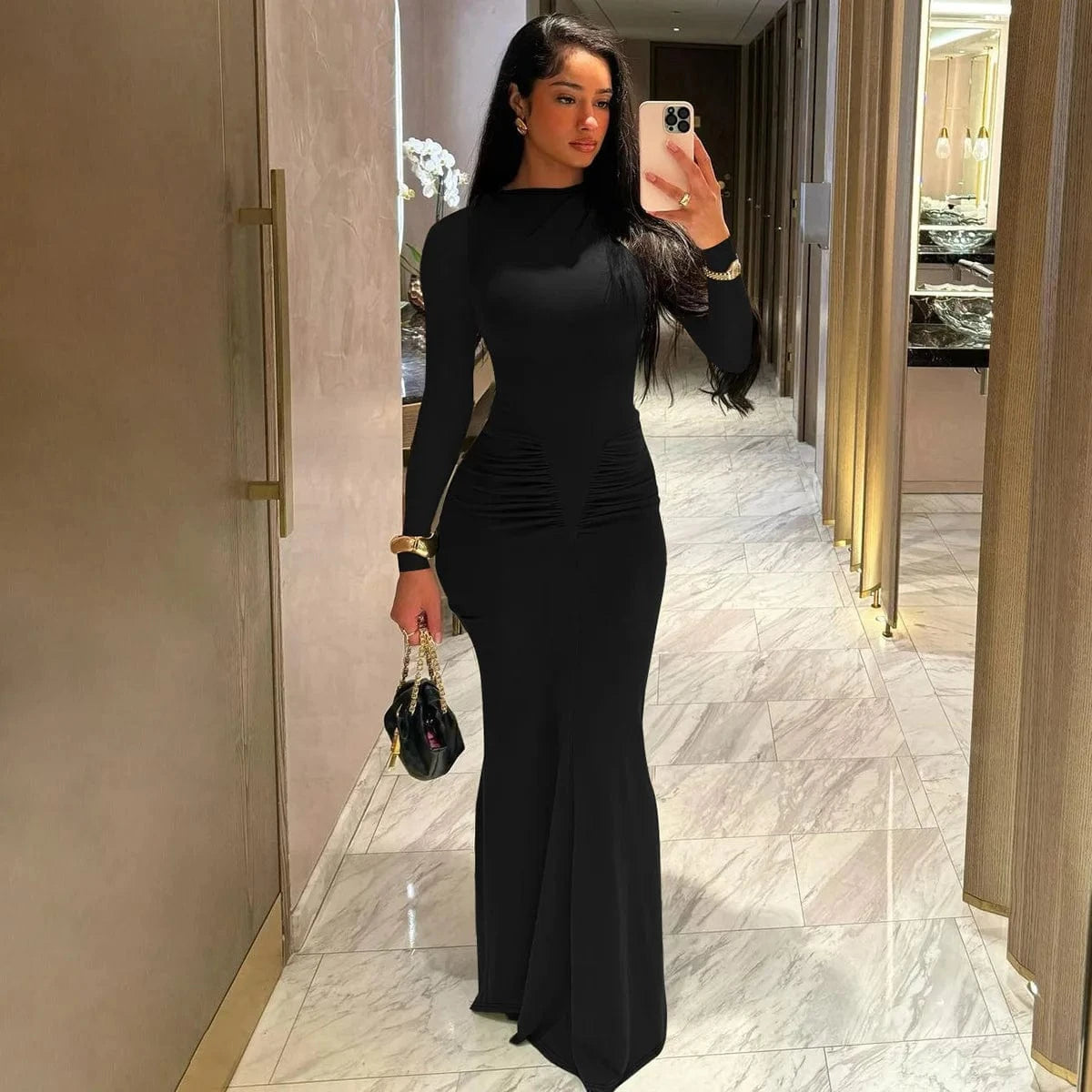 M / Black 2024 Fall Women's New Mermaid Dress Fashion Elegant Slim Pleated Round Neck Long Sleeve Maxi Dress Women's Clothing