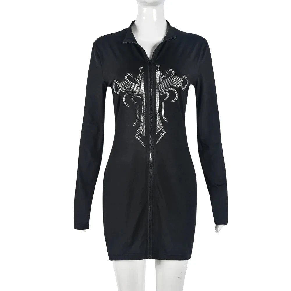 M / Black 2024 New Cross Hot Diamond Sexy Long Sleeve Slim Fit Zipper Cardigan Bodycon Dress