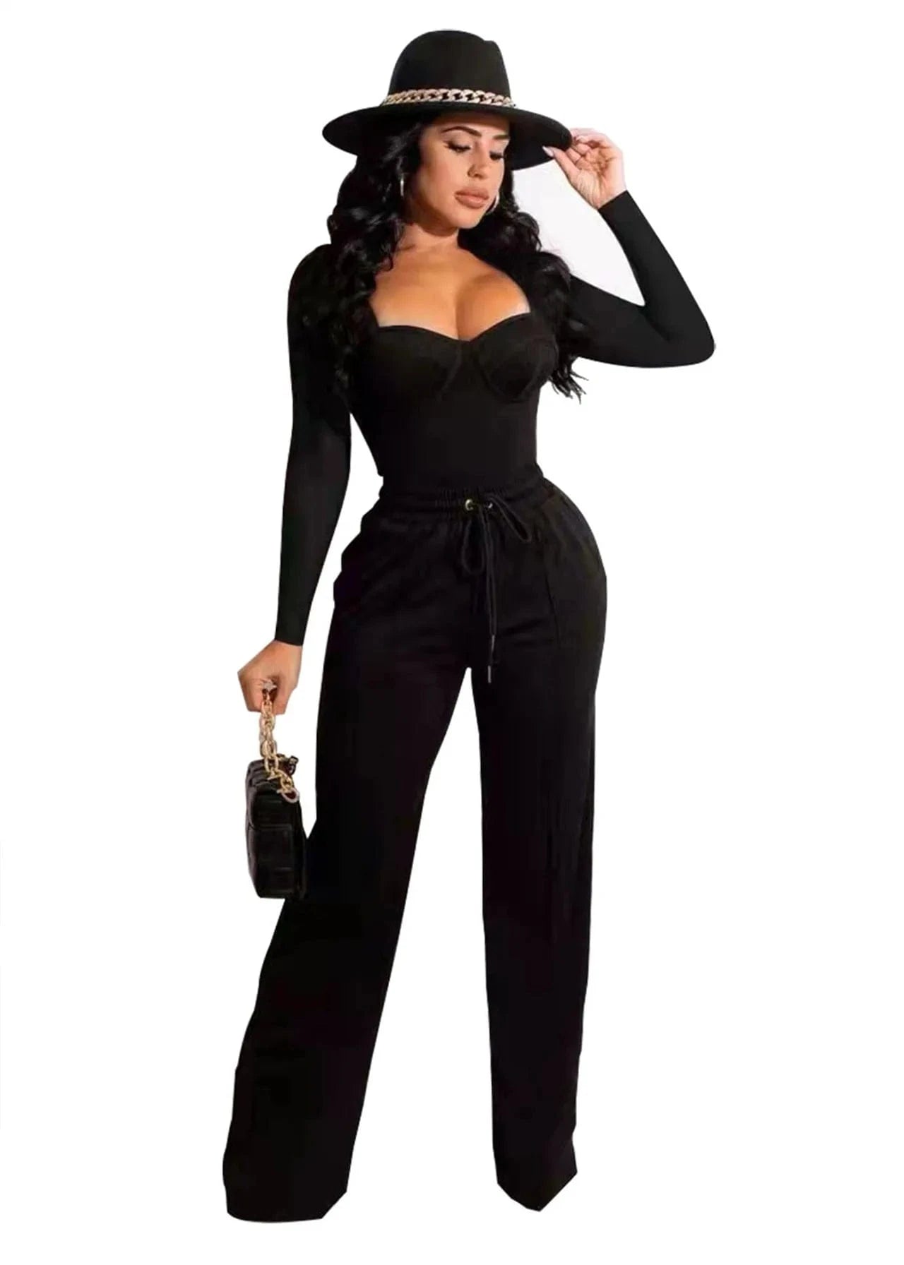M / Black 2024 New Sexy Casual 2PC Set Women Workwear Sleeveless Crop Tops High Waist Wide Leg Pants Suit Office Lady Party Club Outfits