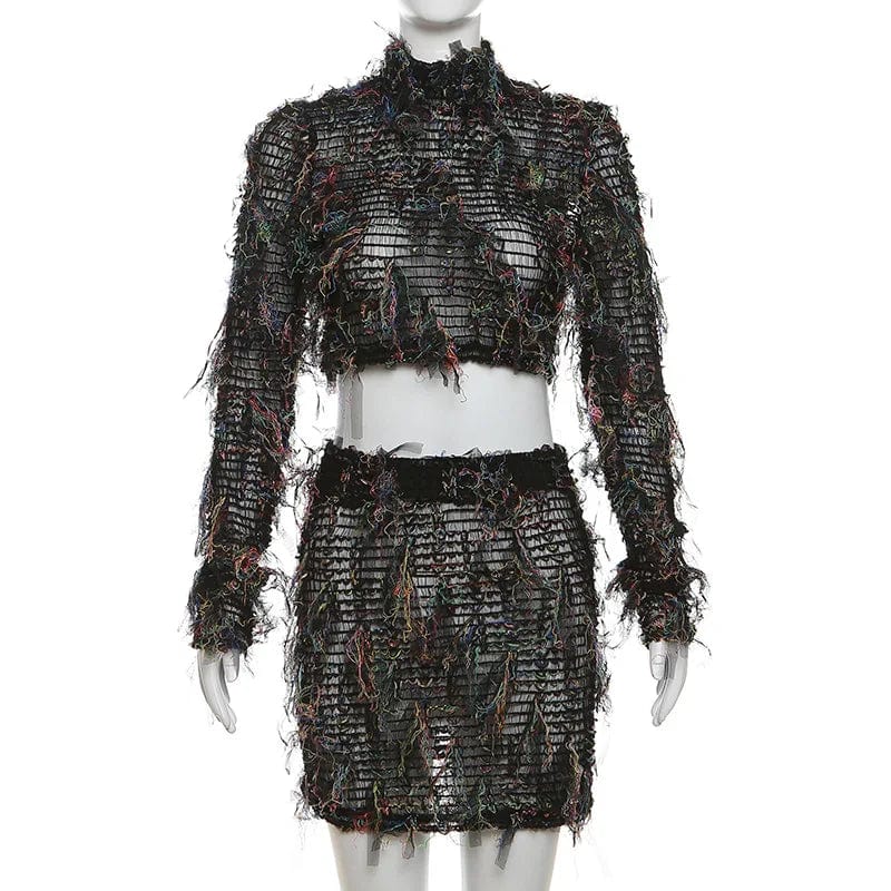 M / Black 2024 Spring Summer Women's Clothing Streetwear Fuzzy Long Sleeve Crop Top Pencil Bodycon Skirt Two Piece Set Sexy Outfits