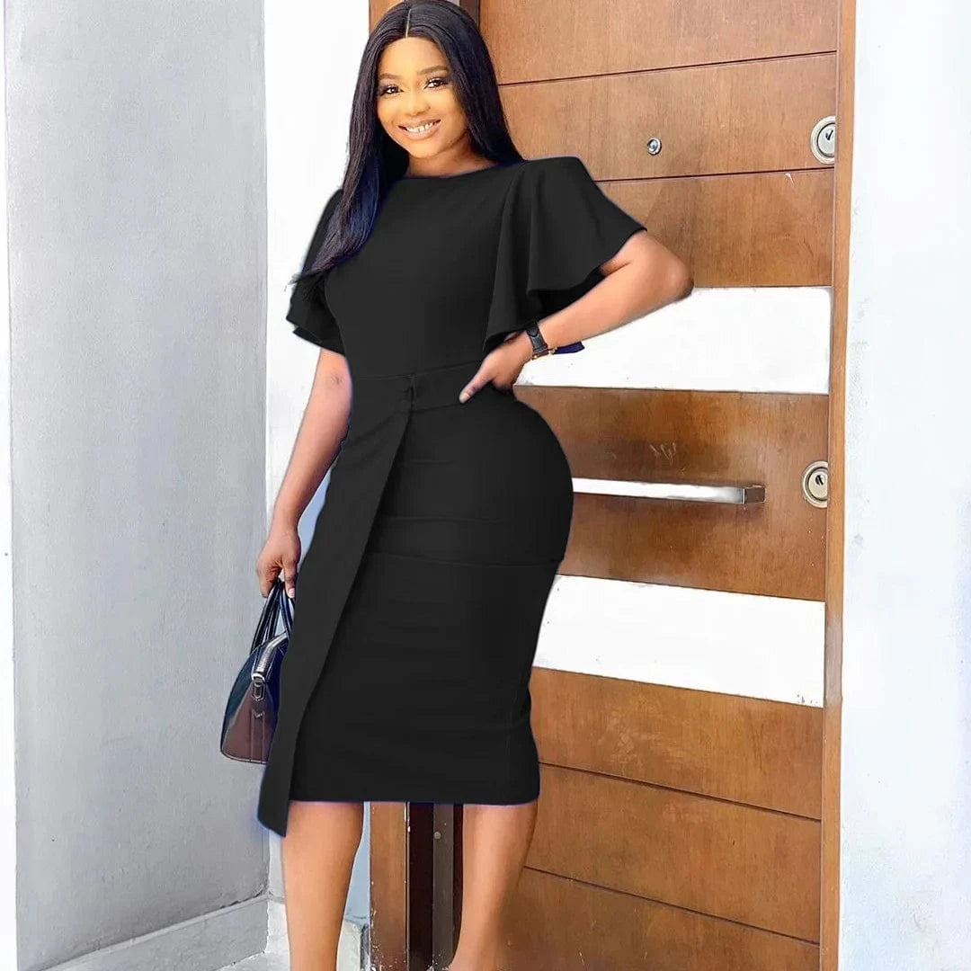 M / Black 2024 Summer New Solid Color High Waist Temperament Commuter Package Hip Dress Ruffle Sleeve Office Sexy Dresses