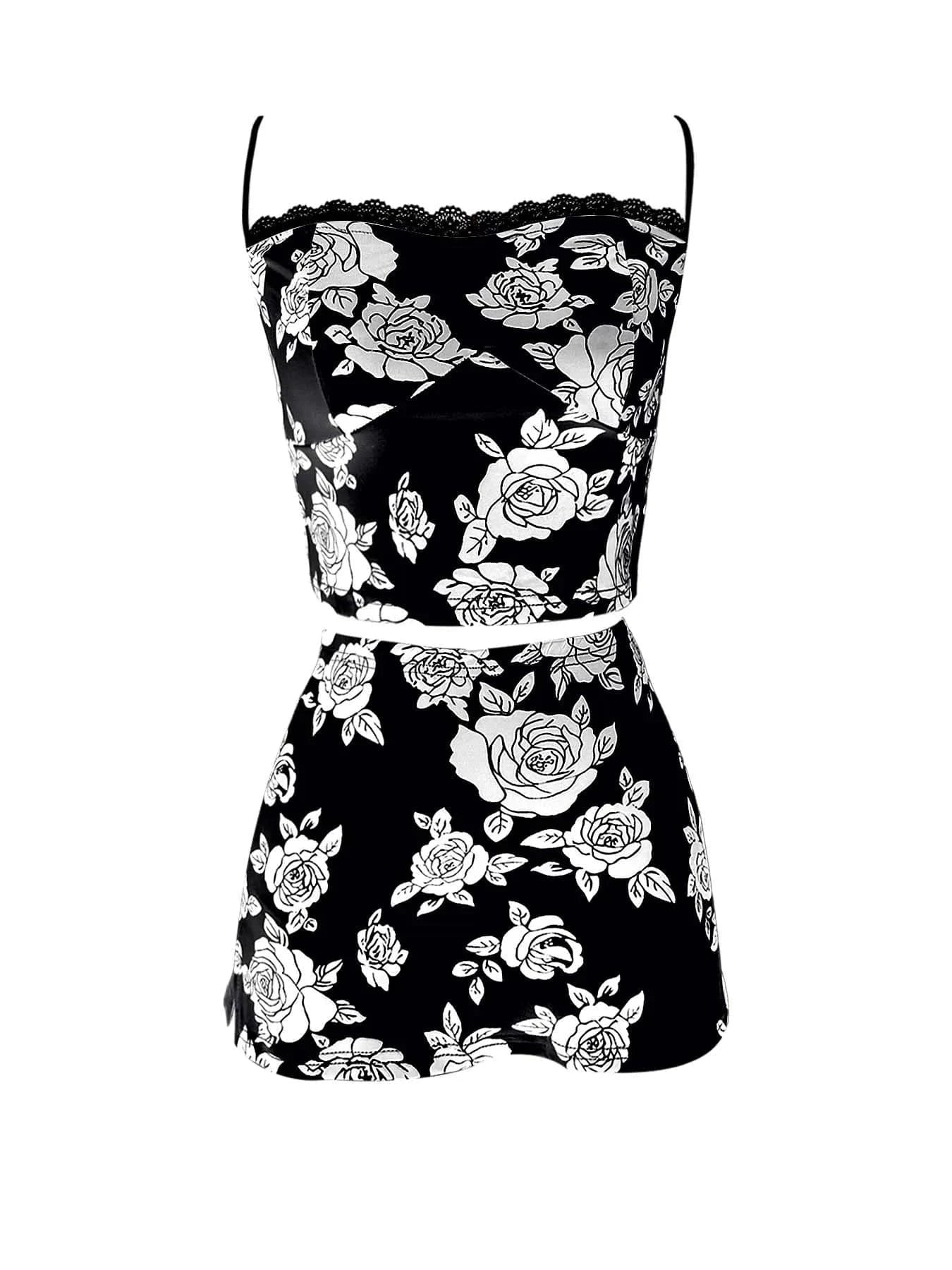 M / Black 2024 Summer New Two Piece Set Lace Trim Floral Print Camisole Top and Matching Mini Skirt 2 piece Skirt set Women Clothing