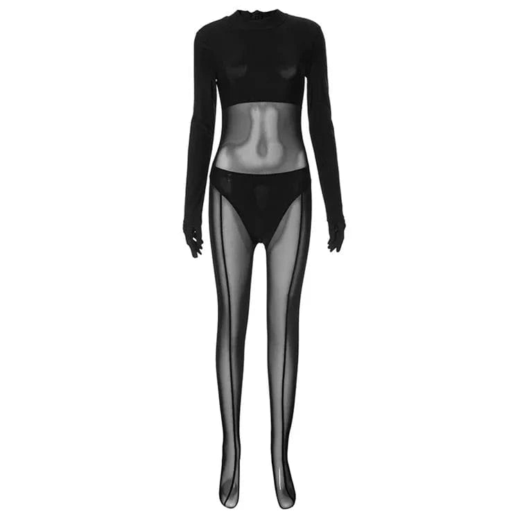 M / Black Black Sexy Mesh Patchwork Jumpsuits Night Club Outfit For Women 2024 Spring Long Sleeve High Waist Bodycon Jumpsuit
